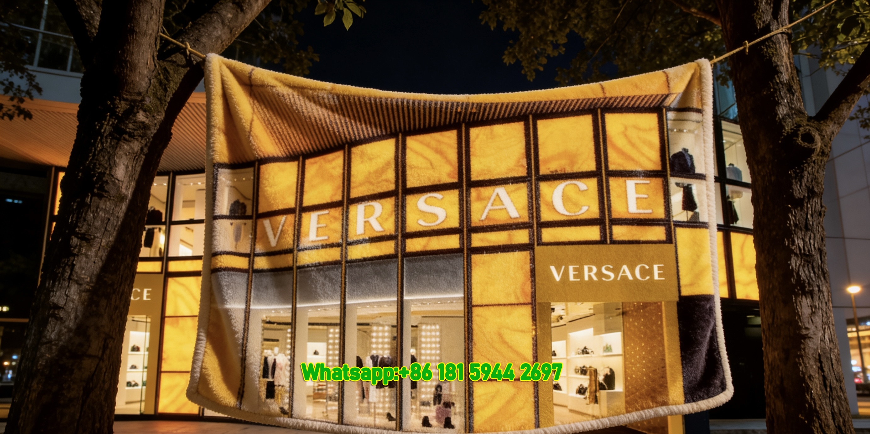 Versace Luxury Storefront Print Golden Yellow Black Flannel Sofa Throw Blanket IMG_1564